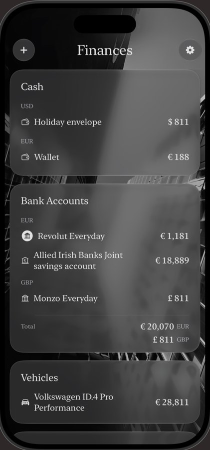 The Finances screen showing cash, bank accounts and a vehicle across three currencies.