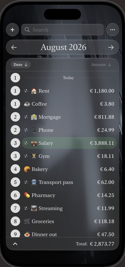 A month of transactions with recurring items marked and a running total.